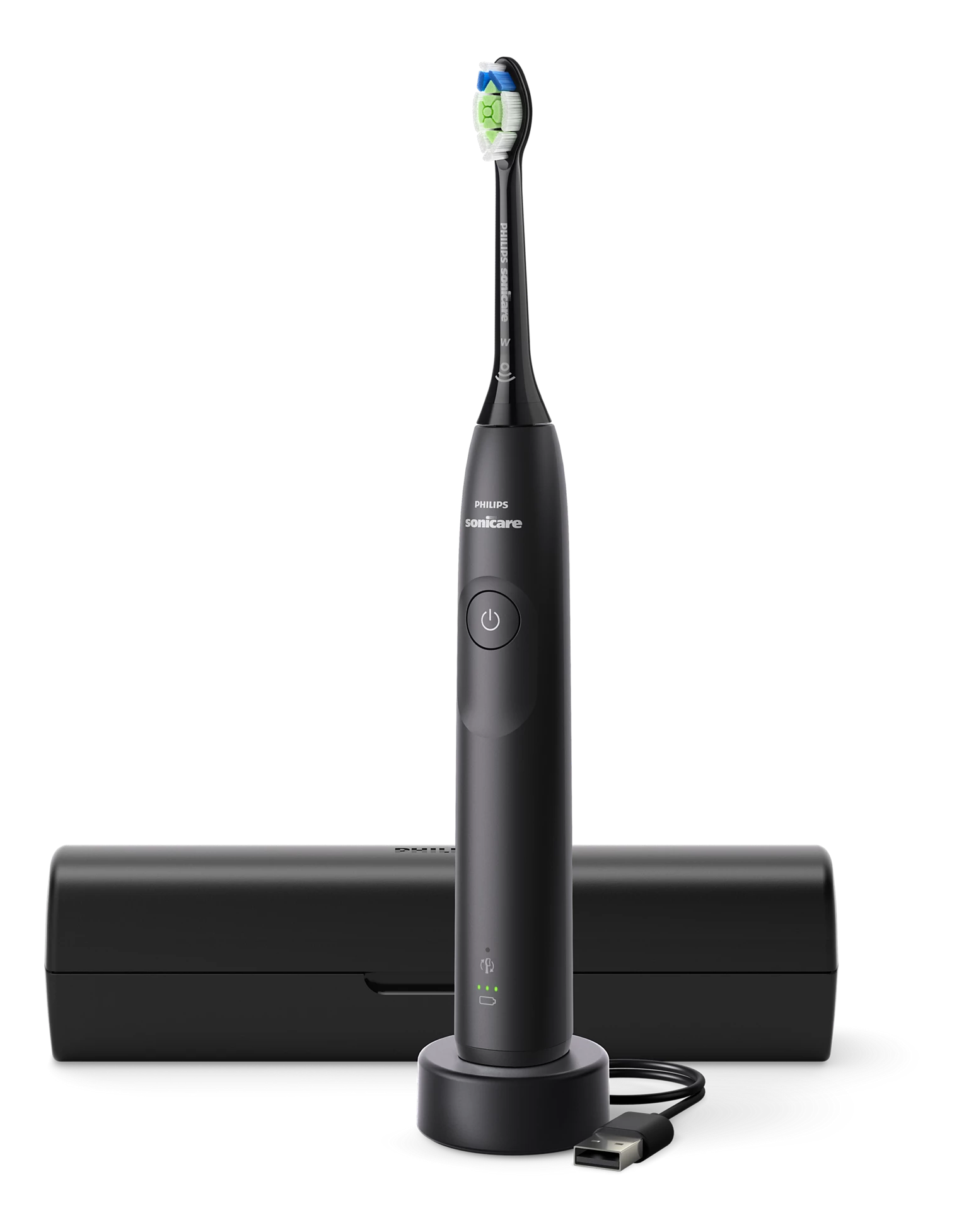 Spazzolino elettrico Philips Sonicare nero con base di ricarica e custodia da viaggio su sfondo nero.