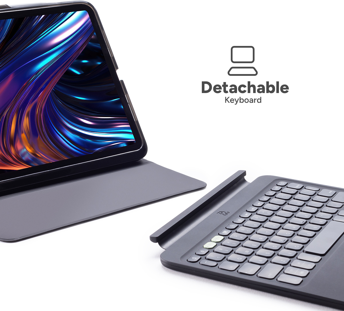 Tablette avec clavier détachable. La tablette est noire, avec un écran coloré. Le clavier est également noir, avec des touches blanches. Fond blanc.