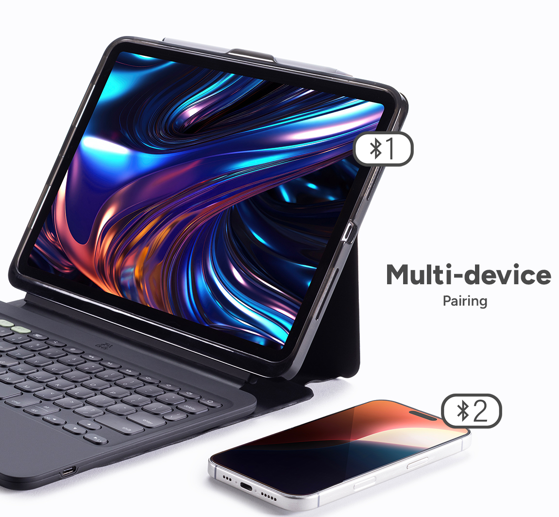Un iPad avec clavier et un smartphone sont affichés, avec des icônes Bluetooth indiquant les capacités d'appairage multi-appareils.