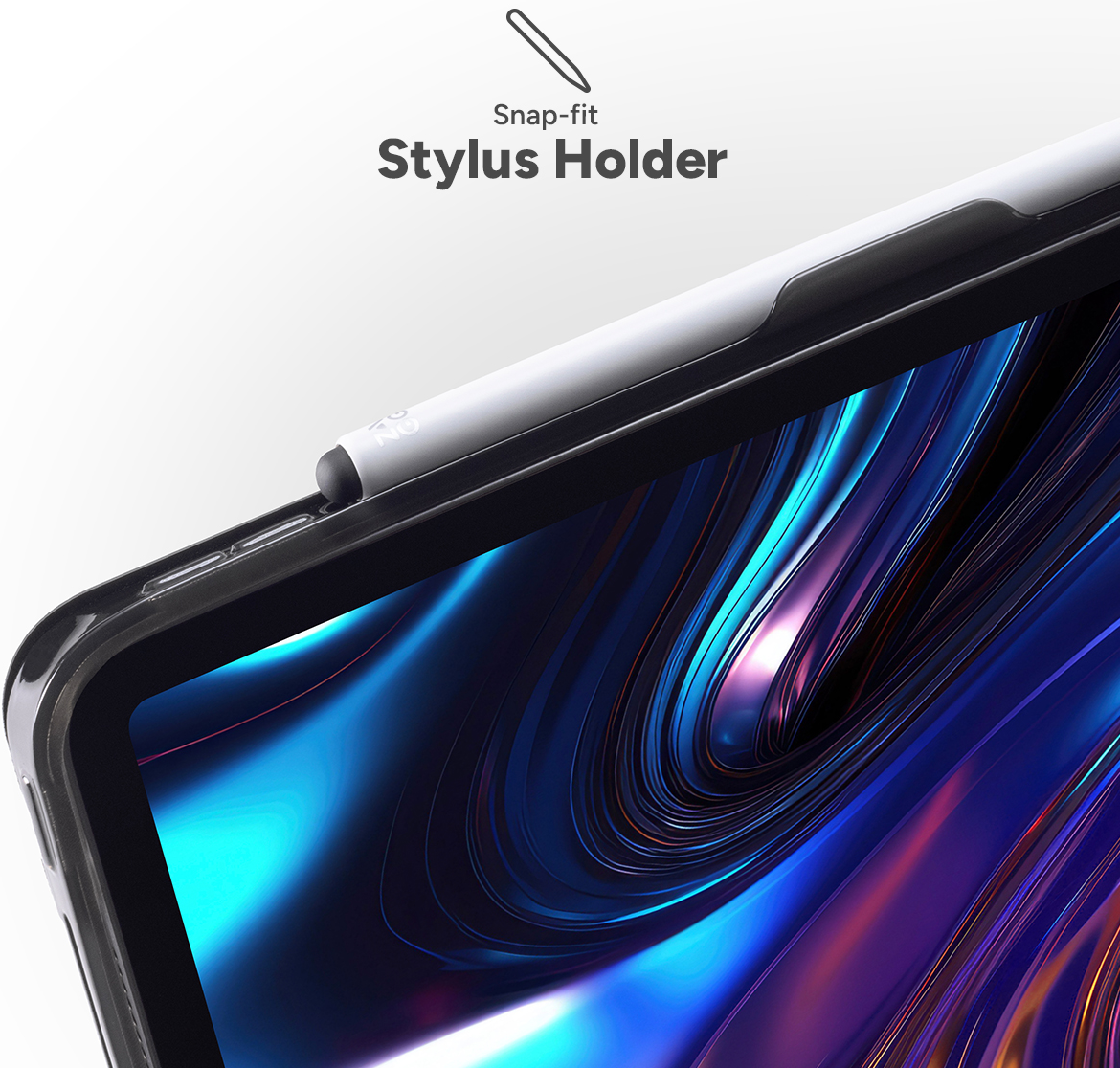 Gros plan d'un étui de tablette avec un stylet blanc dans un support. L'étui est noir avec un cadre transparent. L'écran affiche un motif bleu.