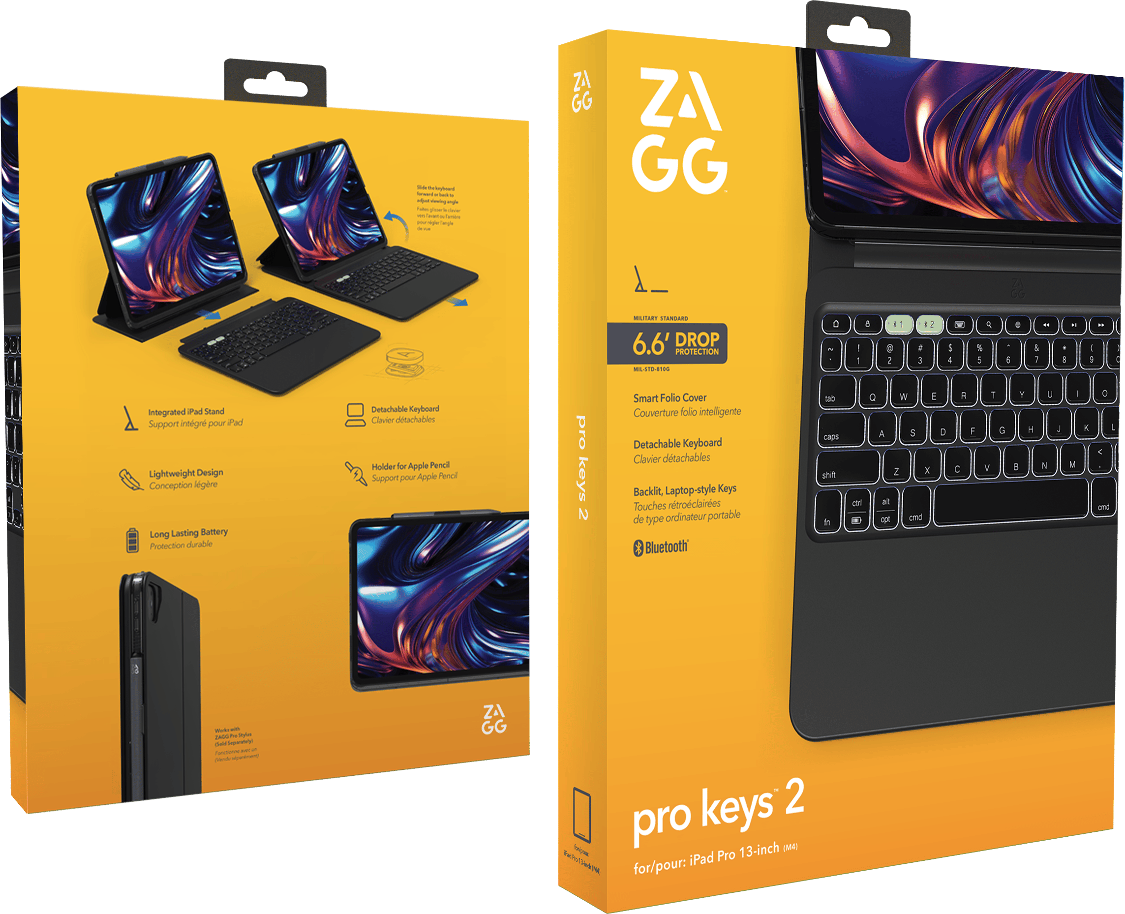 Boîte de produit pour un étui clavier iPad. Affiche l'étui, les fonctionnalités et le nom de la marque. La boîte est jaune et noire.