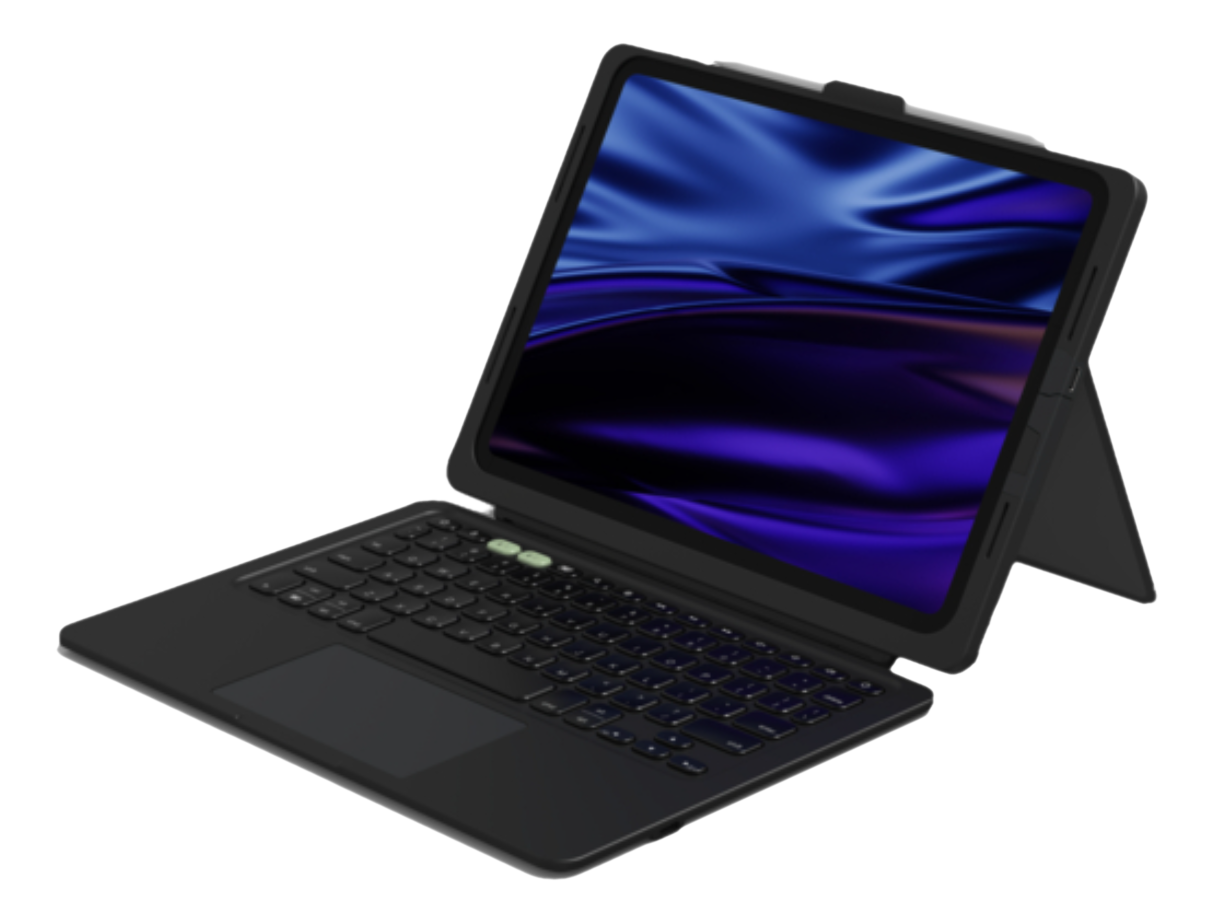 Ein schwarzes Tablet mit Tastaturhülle ist geöffnet und zeigt ein blau-violettes abstraktes Hintergrundbild. Die Hülle hat ein Trackpad und grüne Tasten.