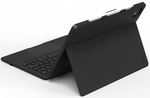 Ein schwarzes Tablet mit Tastatur und Hülle, wie ein Laptop aufgebaut. Die Hülle ist zurückgeklappt. Weißer Hintergrund.