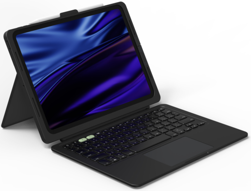 Schwarzes Tablet mit Tastatur, weißem Stift und dunkelblau-lila Bildschirm auf weißem Hintergrund.