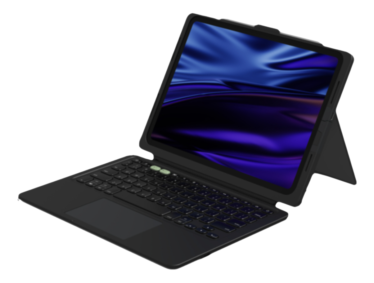 Schwarzes Tablet mit angeschlossener Tastatur, der Bildschirm zeigt ein blaues und violettes abstraktes Design. Grüner Knopf oben.