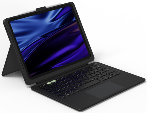 Schwarzes Tablet mit Tastatur. Der Bildschirm zeigt ein blau-violettes abstraktes Design. Oben ist ein weißer Stift befestigt.