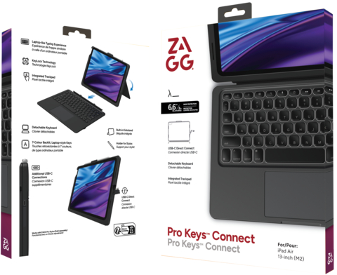 Die Schachtel zeigt eine ZAGG Pro Keys Connect-Tastaturhülle für das iPad Air. Sie hat eine Tastatur, ein Trackpad und ein Tablet-Display.