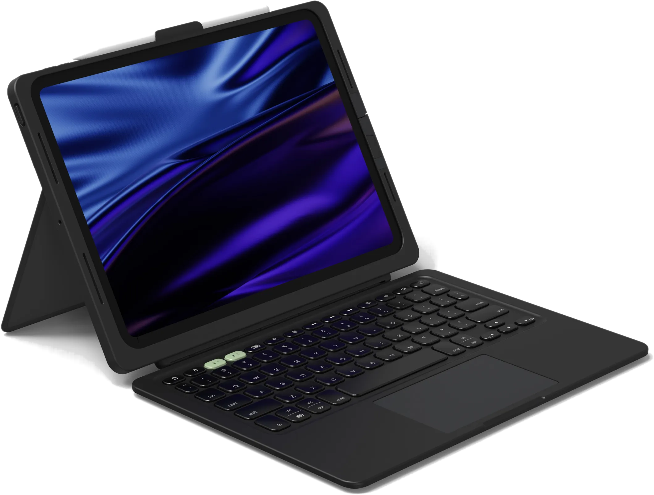 Schwarzes Tablet mit Tastatur, Stift und blau-violettem Bildschirm. Weißer Hintergrund.
