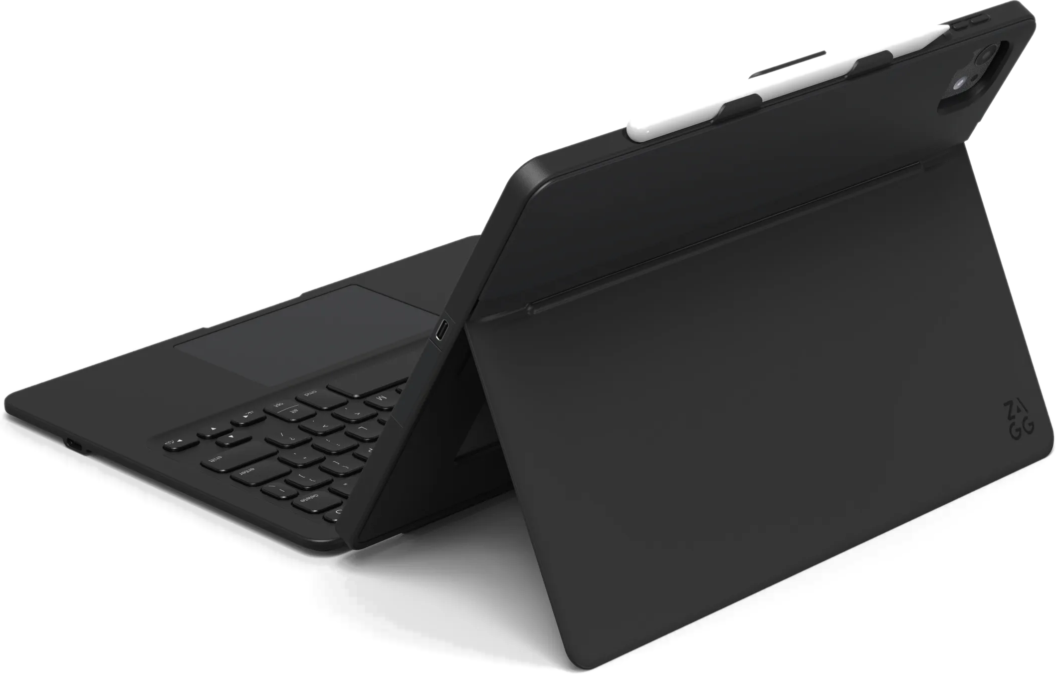 Schwarzes Tablet mit Tastaturhülle, offen. Tastatur mit Touchpad. Weiße Akzente auf dem Gehäuse. ZAGG-Logo auf dem Gehäuse.