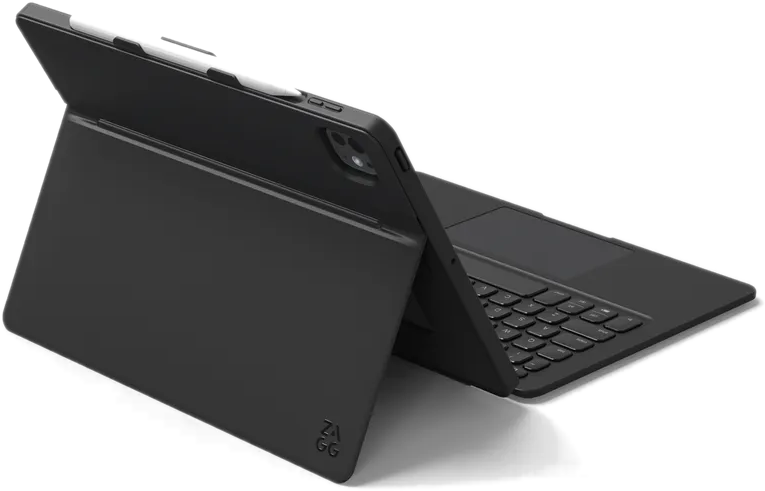 Schwarzes Tablet mit angeschlossener Tastatur. Der Bildschirm ist geöffnet, und ein weißer Stift ist befestigt.