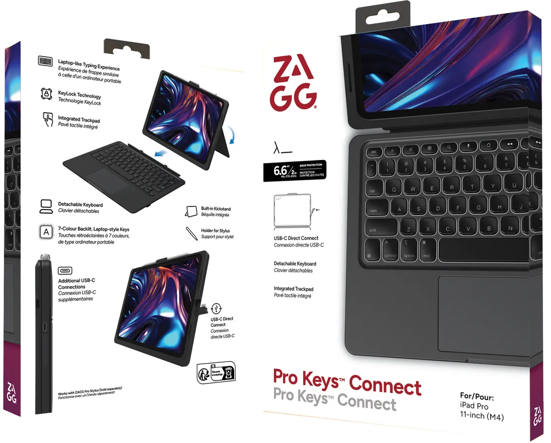 Produktbox für iPad Pro mit Tastaturhülle. Merkmale sind Tastatur, Trackpad und Stifthalter.