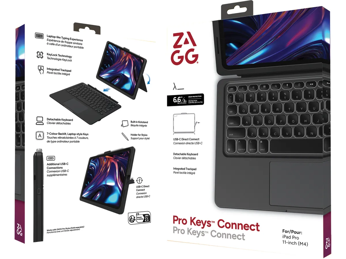 Eine Produktbox zeigt eine Tastaturhülle für ein iPad Pro. Details umfassen Funktionen und eine Ansicht der Tastatur.