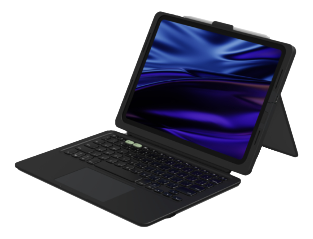 Schwarzes Tablet mit Tastaturhülle, der Bildschirm zeigt ein blaues und violettes abstraktes Bild. Hülle ist offen auf schwarzem Hintergrund.