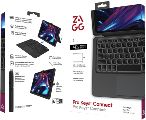 Auf einer Schachtel ist eine ZAGG Pro Keys Connect-Tastatur für das iPad Pro abgebildet. Sie hat eine Tastatur, ein Trackpad und ein Tablet.