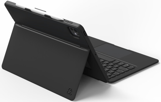 Schwarzes Tablet mit angeschlossener Tastatur. Oben befindet sich ein weißer Stift. ZAGG-Logo sichtbar. Der Hintergrund ist weiß.