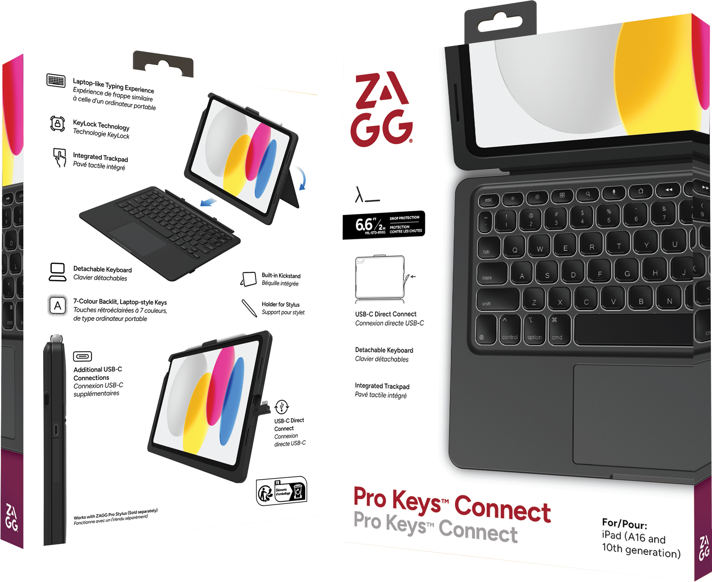 Eine schwarze iPad-Tastaturhülle mit einem iPad. Zu den Merkmalen gehören ein Trackpad und ein USB-C-Anschluss.