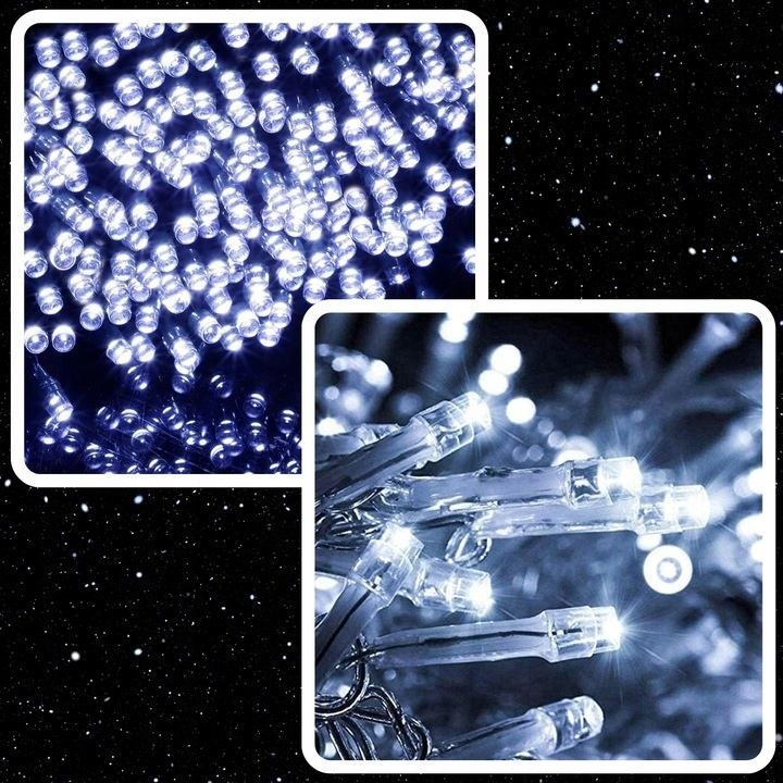 Obraz przedstawia dwa obszary: grupę jasnych, białych diod LED i zbliżenie podobnych świateł. Tło jest ciemne z białymi kropkami.