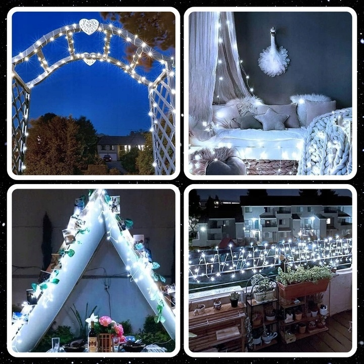 Cztery obrazy ze światełkami: łuk, sypialnia, rama A i balkon. Światła są białe, tworząc przytulną atmosferę.