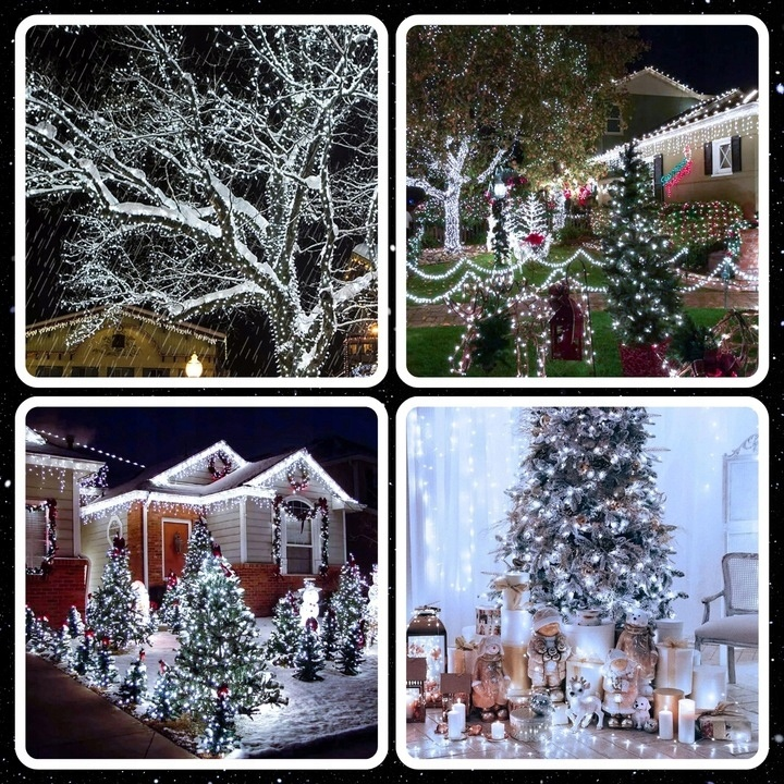 Cztery obrazy dekoracji świątecznych. Drzewa i domy są ozdobione białymi światłami. Niektóre obrazy pokazują śnieg.