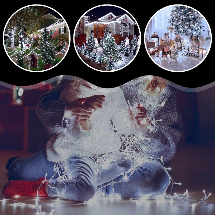 Osoba siedzi trzymając lampki choinkowe, z podświetlonymi choinkami i domami w tle, świąteczna scena.