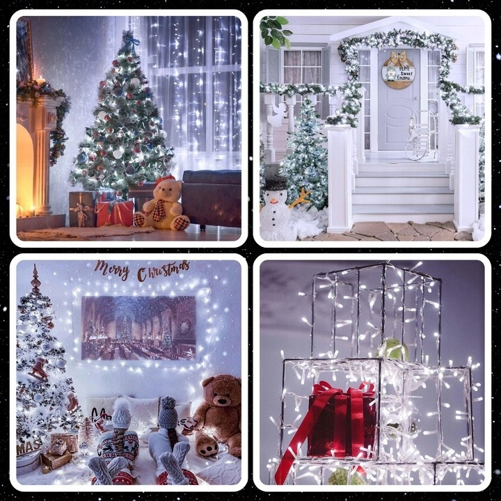 Cztery sceny świąteczne. Drzewko z prezentami, bałwan przy drzwiach, łóżko z drzewkiem i pudełko prezentowe w świetlnej ramie.