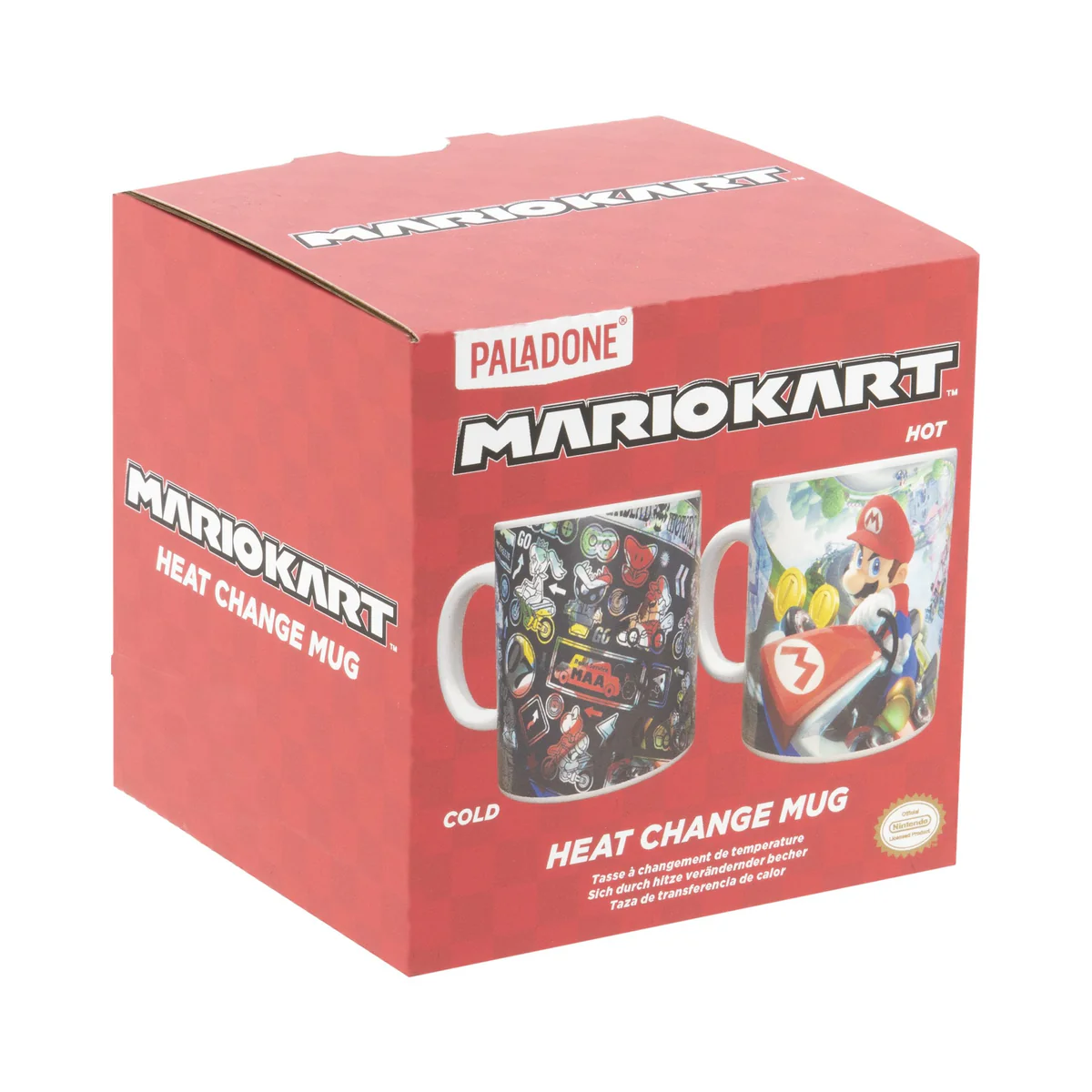 Una caja roja de taza de Mario Kart. Dos tazas muestran estados frío y caliente. La caja dice 'Mario Kart Heat Change Mug'.