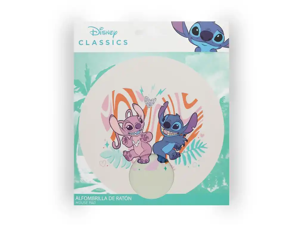Alfombrilla de ratón con Stitch y Angel. El fondo es blanco con diseño colorido. Logo Disney Classics en la parte superior.