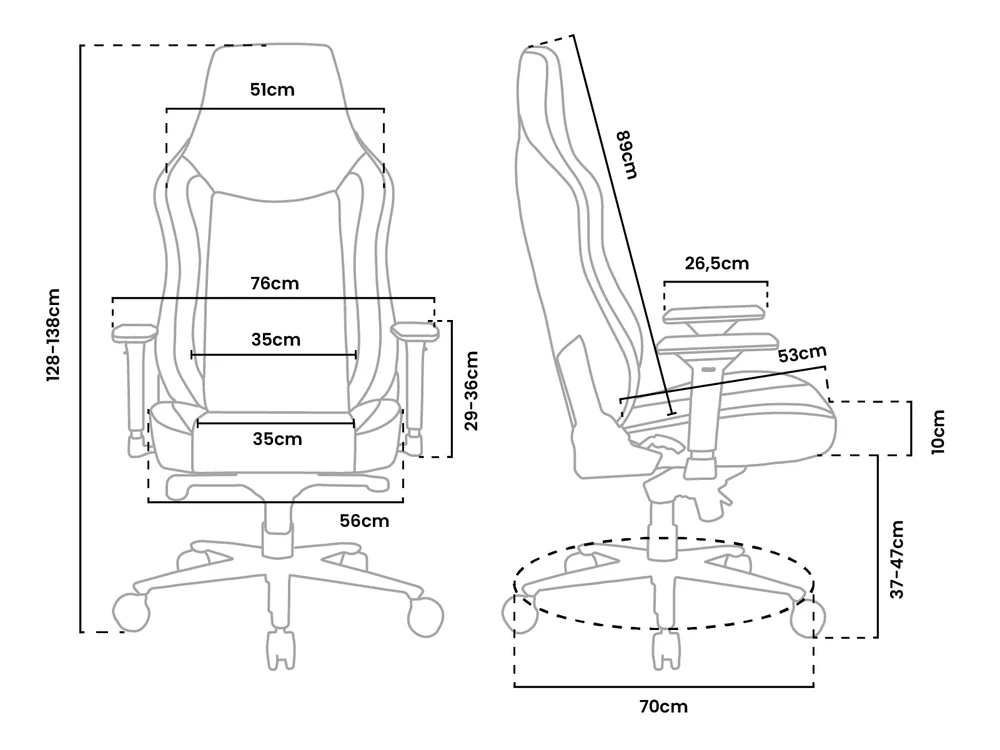 A diagram egy játékosszék méreteit mutatja elöl- és oldalnézetben, magassági és szélességi méretekkel.