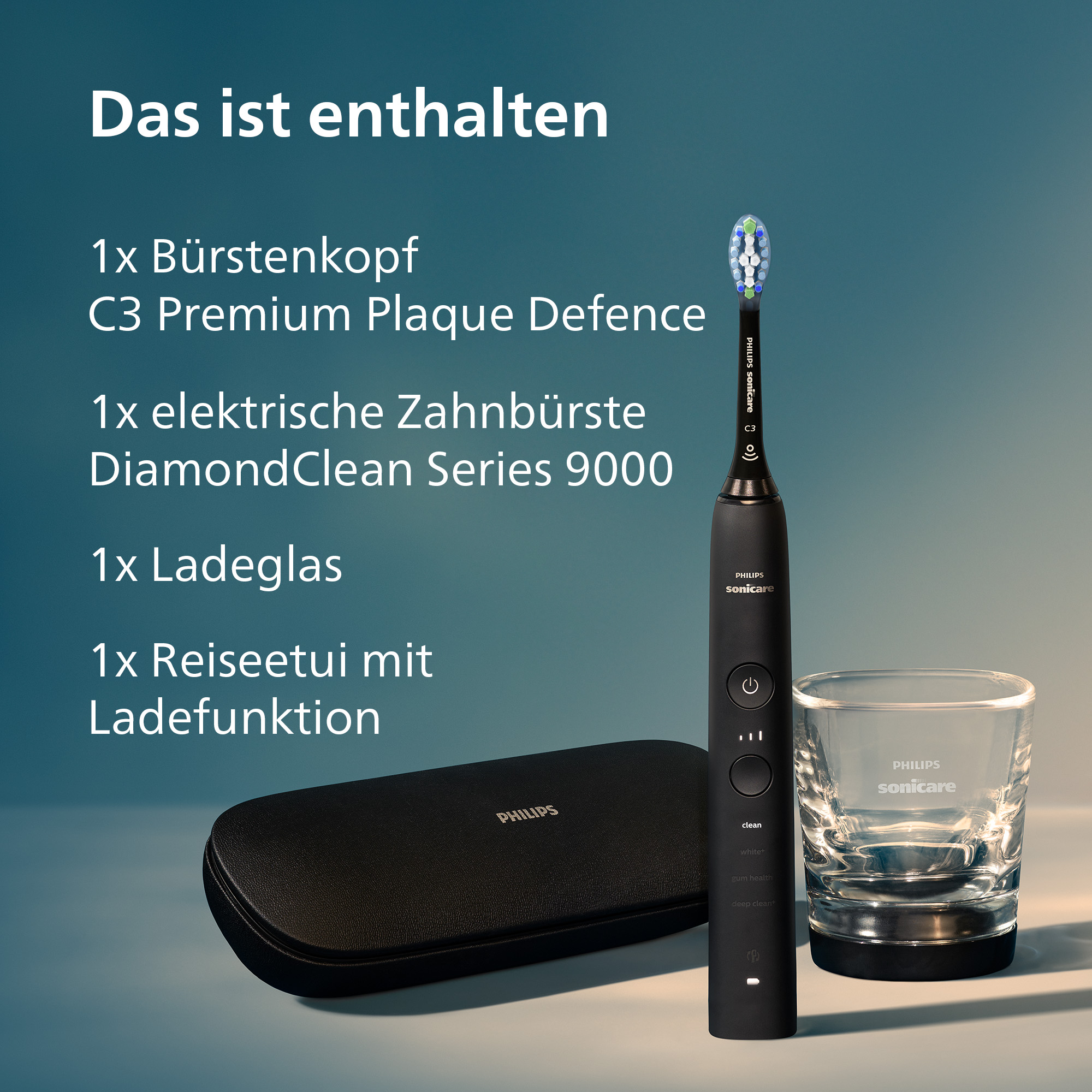 Une brosse à dents électrique Philips Sonicare noire, un verre et un étui sur fond bleu clair.