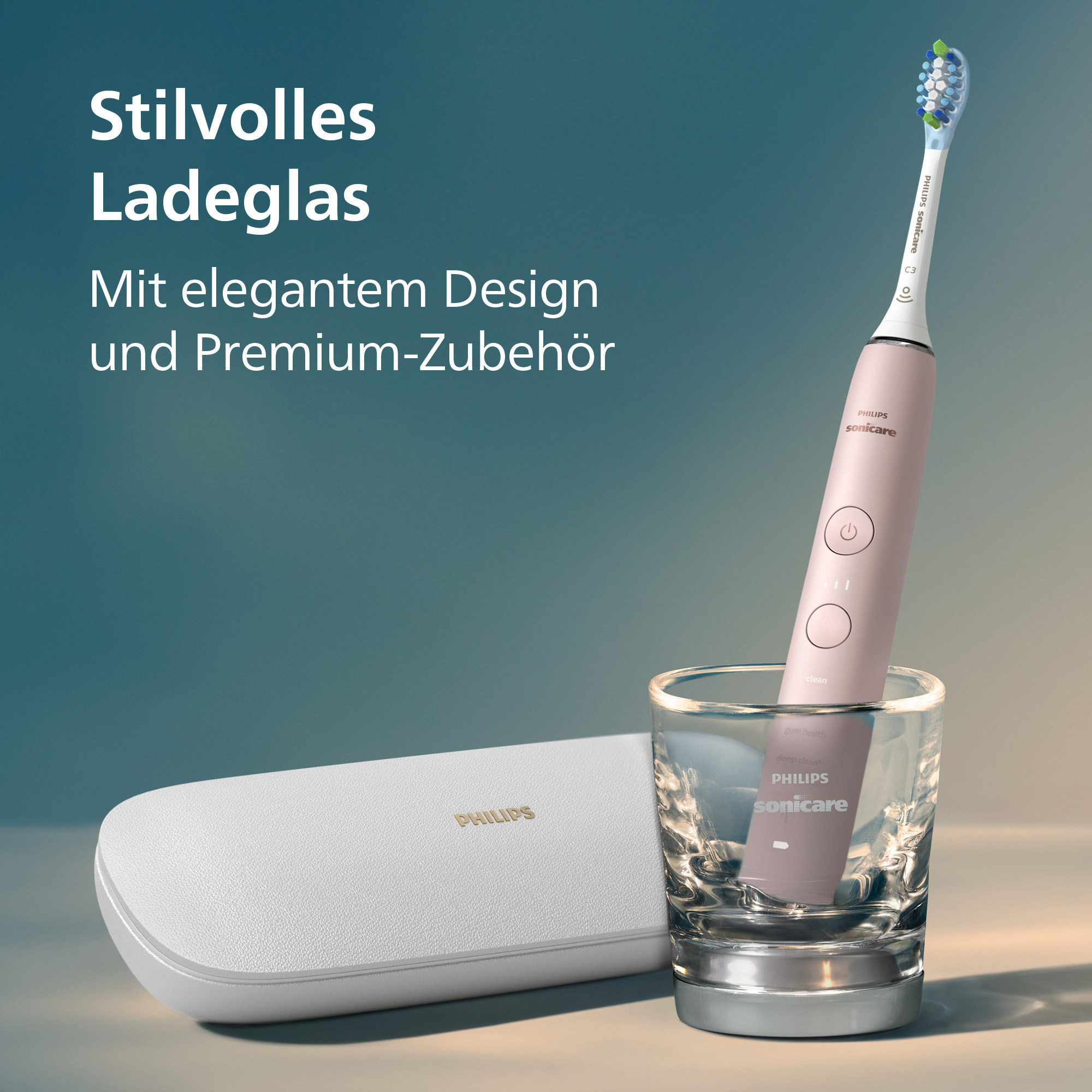 Brosse à dents rose Philips Sonicare dans un verre, à côté d'un étui blanc. Texte en allemand.