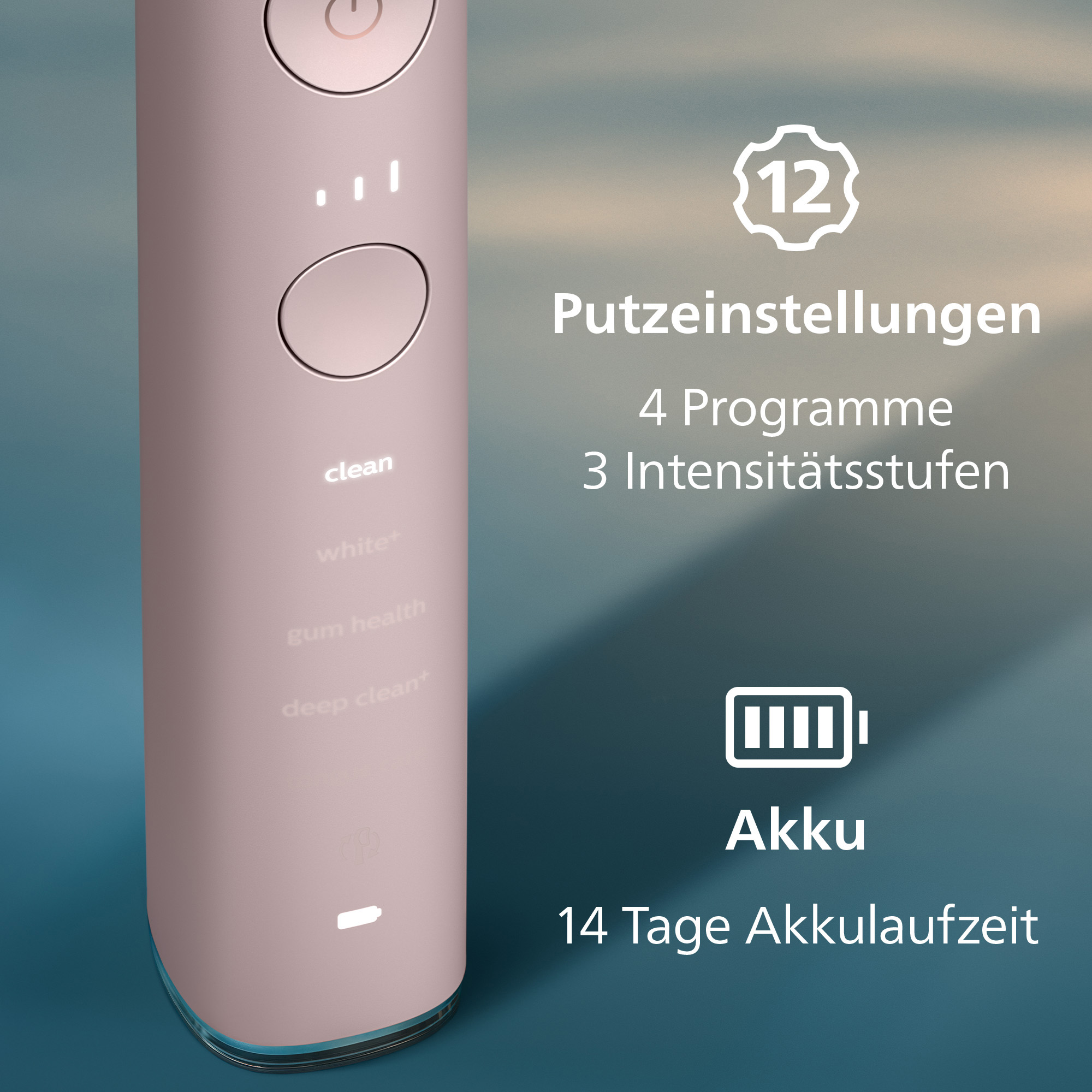 Une brosse à dents rose avec boutons et réglages. Elle a des modes de nettoyage et un indicateur de batterie, plus 12 réglages.