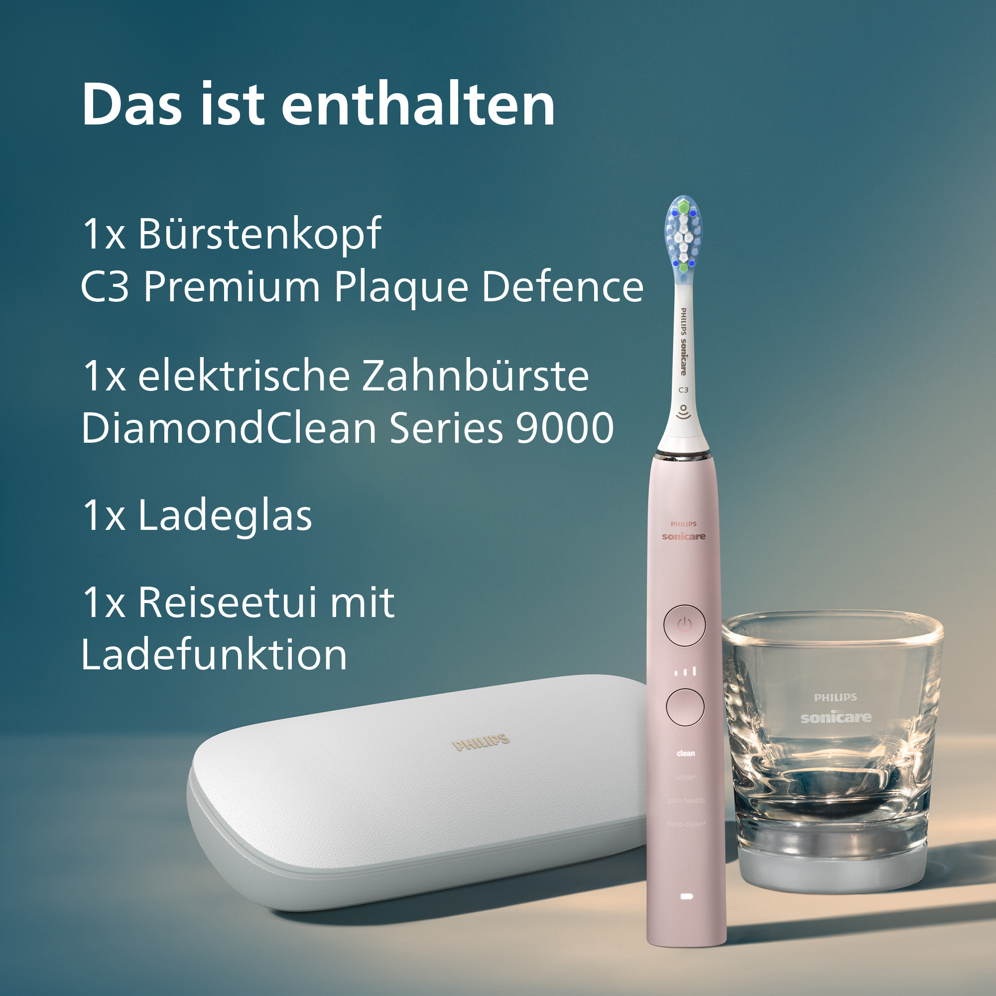 L'image montre une brosse à dents électrique rose, un verre de chargement, un étui de voyage et du texte. La brosse est Philips Sonicare.