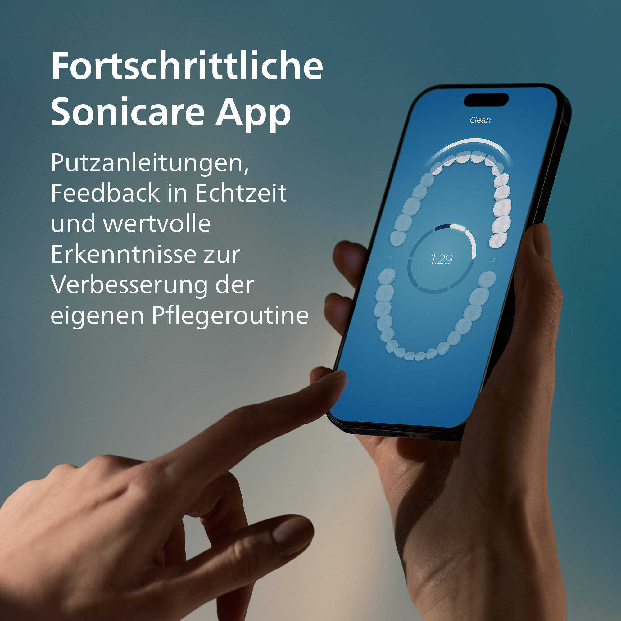Une main tient un téléphone affichant des dents à l'écran. Le texte dit Sonicare App. L'heure est 1:29. Une seconde main touche l'écran.