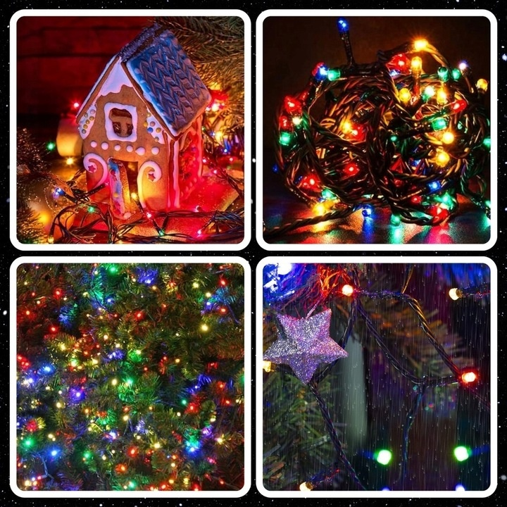 Ozdoby świąteczne: domek z piernika, kolorowe światełka, ozdoba w kształcie gwiazdy i choinka.