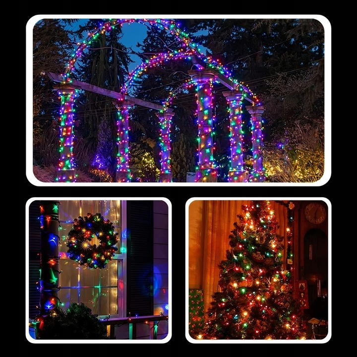 Obraz przedstawia świąteczne oświetlenie na altanie i domu. Wieniec zdobi dom. Choinka stoi wewnątrz domu.