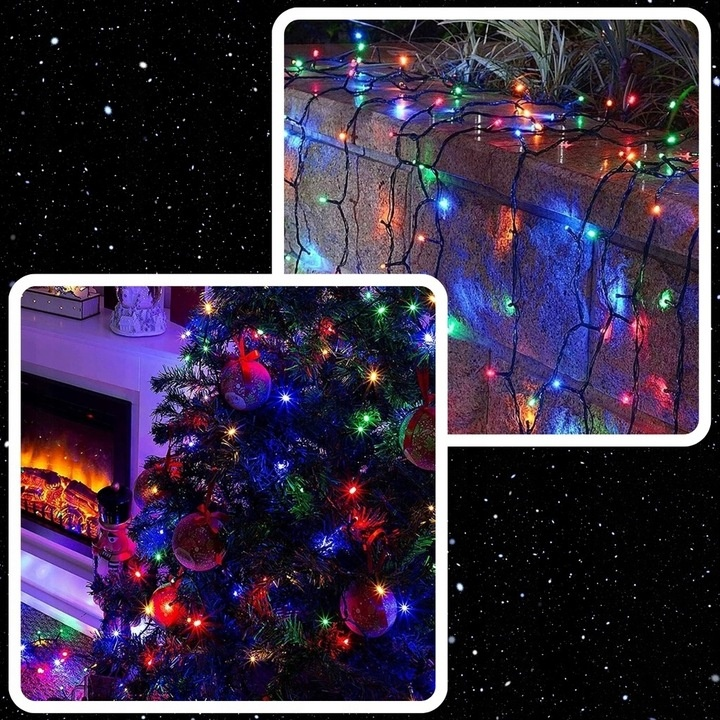 Choinka z kolorowymi światłami i ozdobami. Ściana z łańcuchem świetlnym. Kominek i gwiaździste tło.