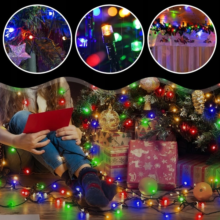 Osoba siedzi z czerwoną kartką, otoczona świątecznymi światełkami i prezentami. Okrągłe wstawki pokazują zbliżenia świateł.