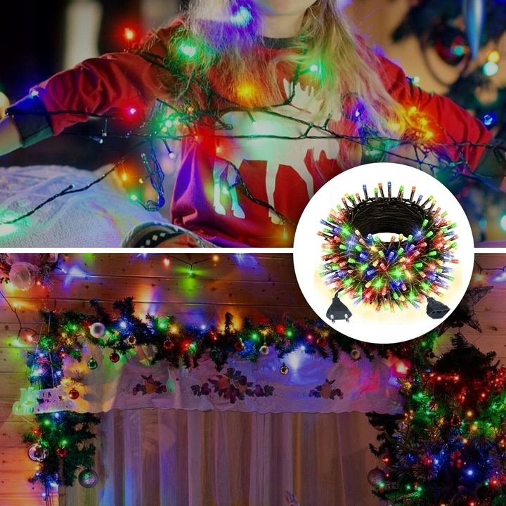 Dziecko jest pokryte kolorowymi lampkami choinkowymi. Widoczny jest również pęk świateł i udekorowana ościeżnica.