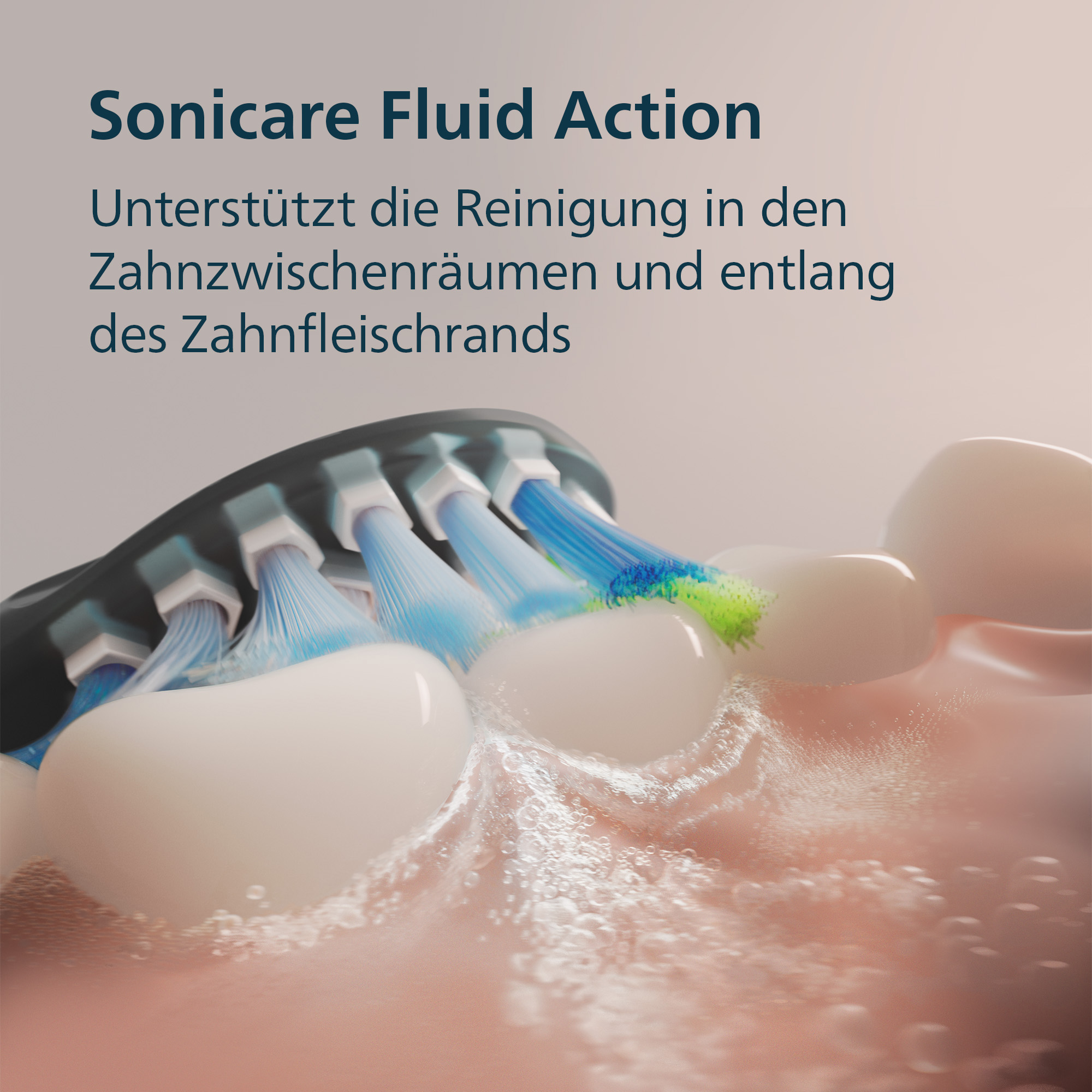 Nahaufnahme einer Zahnbürste, die Zähne putzt. Blaue Borsten und Wasser sind sichtbar. Text: Sonicare Fluid Action.