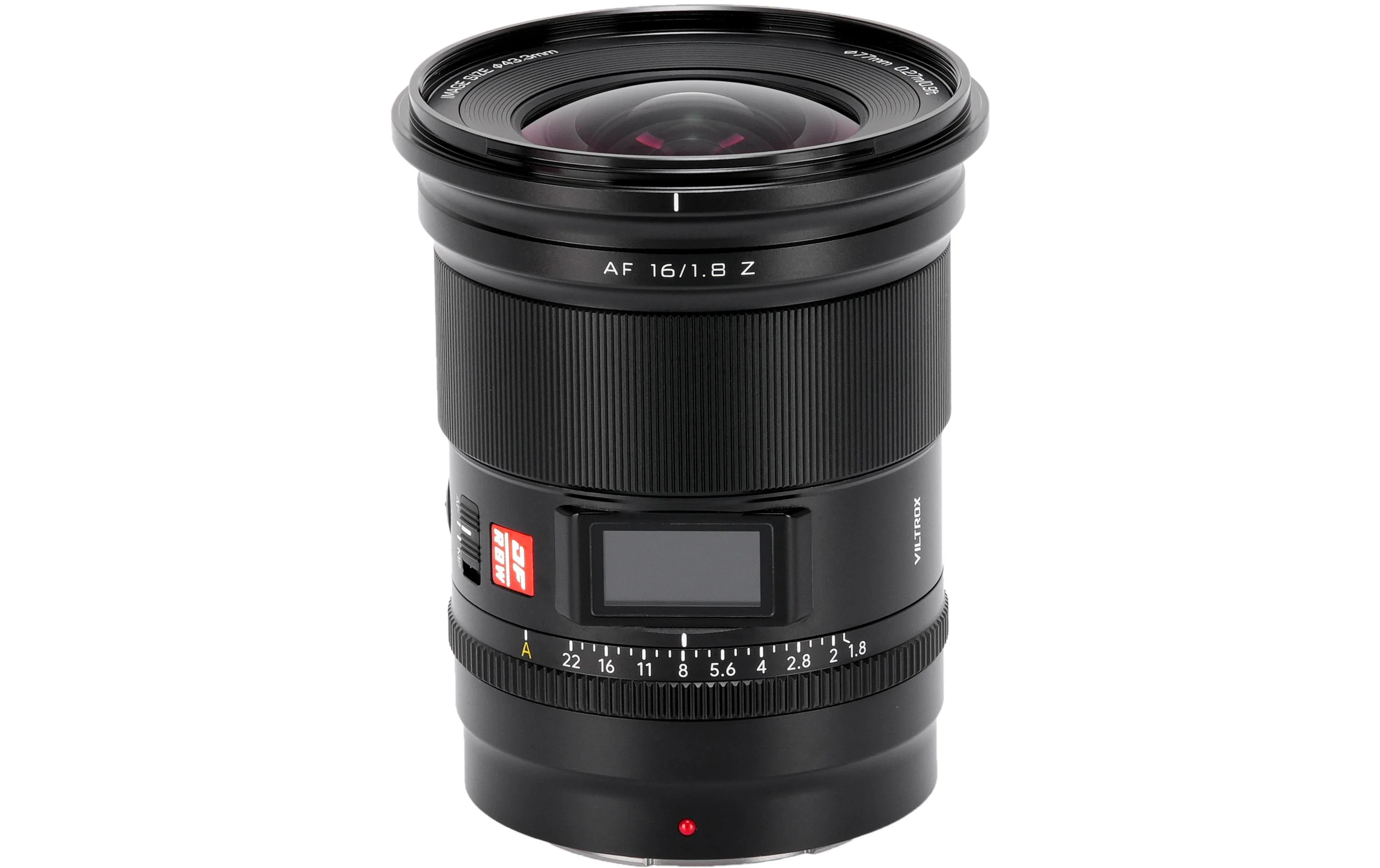 Ein schwarzes Kameraobjektiv mit rotem Linsenelement. Es trägt die Aufschrift AF 16/1.8 Z und Viltrox.