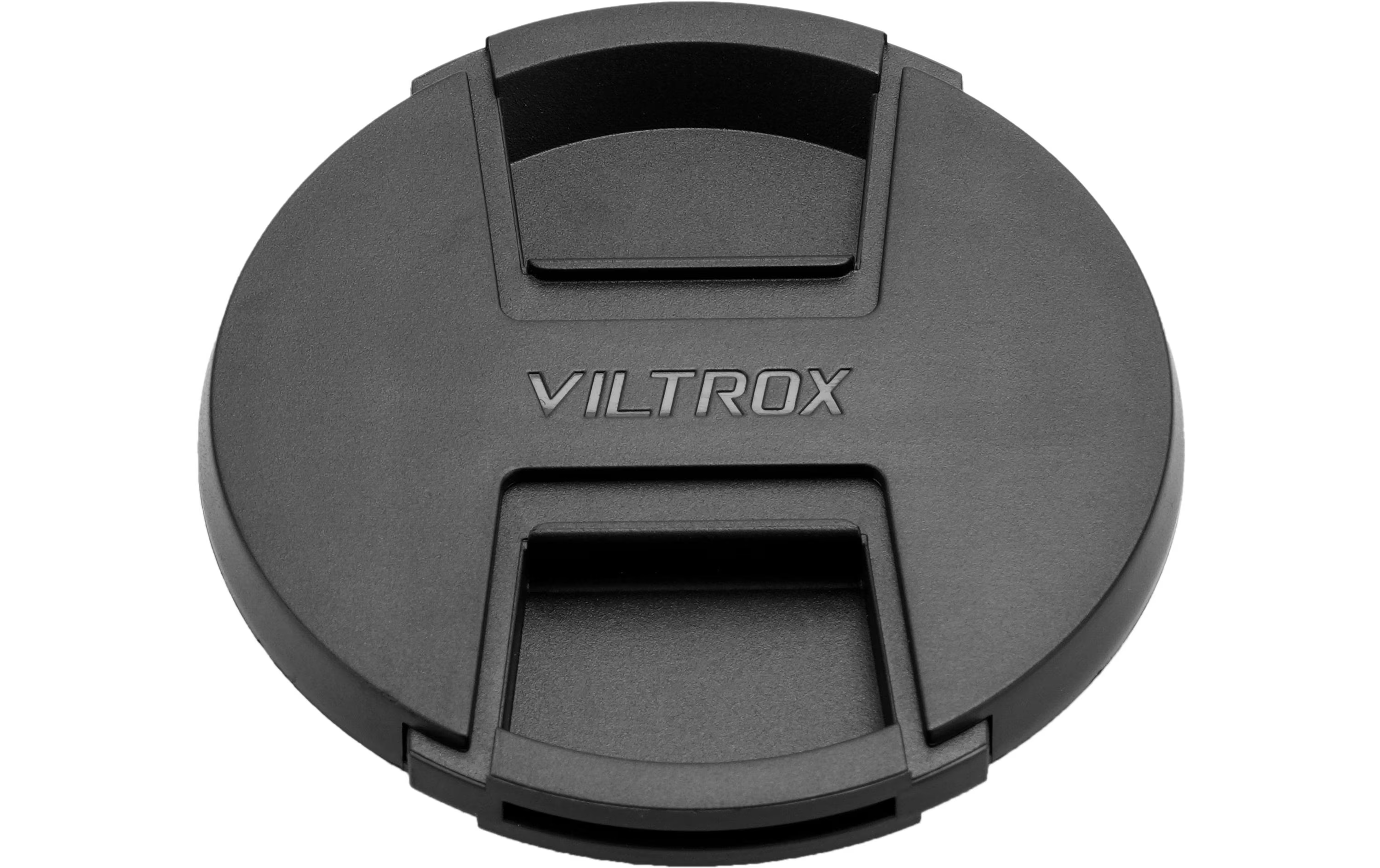Eine schwarze Viltrox-Objektivkappe auf weißem Hintergrund. Der Markenname befindet sich in der Mitte.