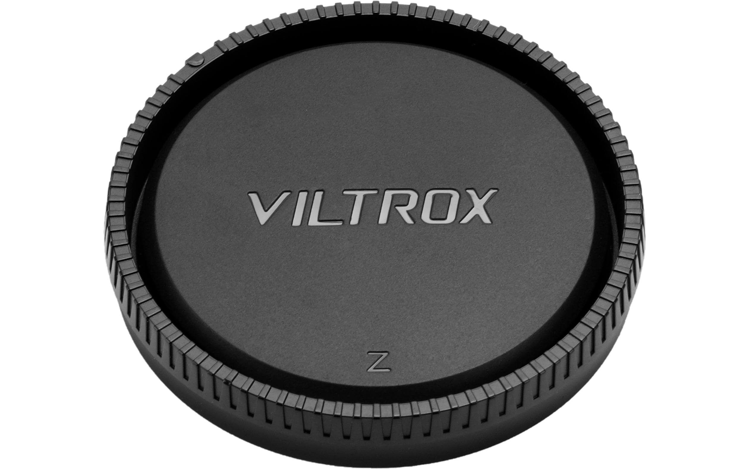 Schwarzer Objektivdeckel mit dem Markennamen Viltrox. Der Deckel hat einen geriffelten Rand und ein 'Z'.