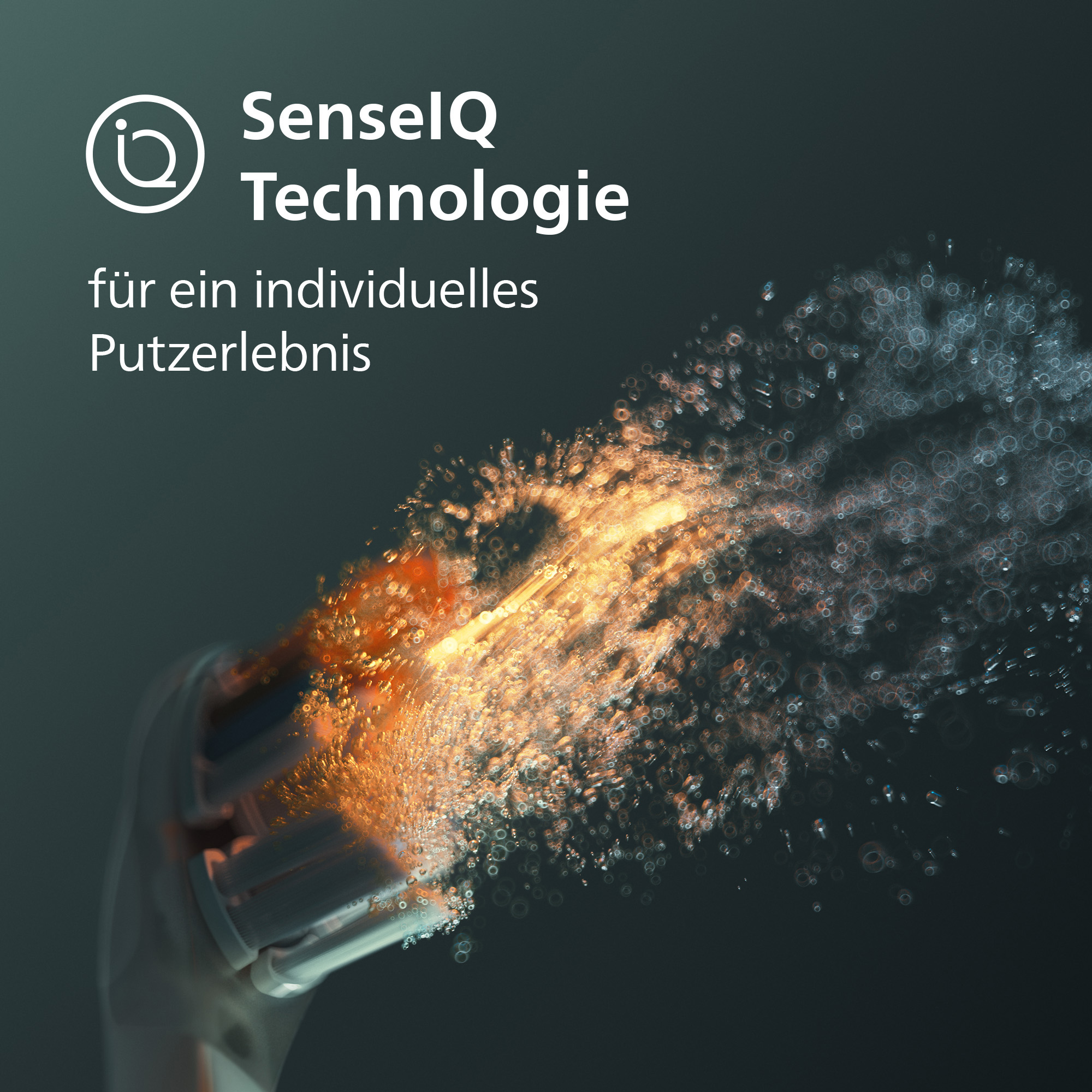 Das Bild zeigt eine Zahnbürste, die Wasser sprüht. Der Text lautet 'SenseIQ Technologie' und 'für ein individuelles Putzerlebnis'.