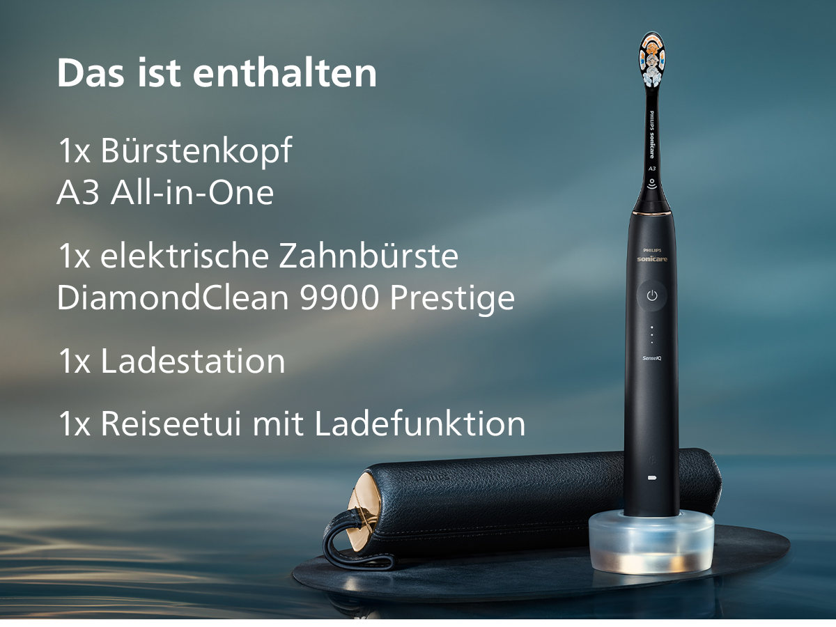 Eine schwarze elektrische Zahnbürste von Philips Sonicare mit Ladestation und Reiseetui. Textdetails enthalten.