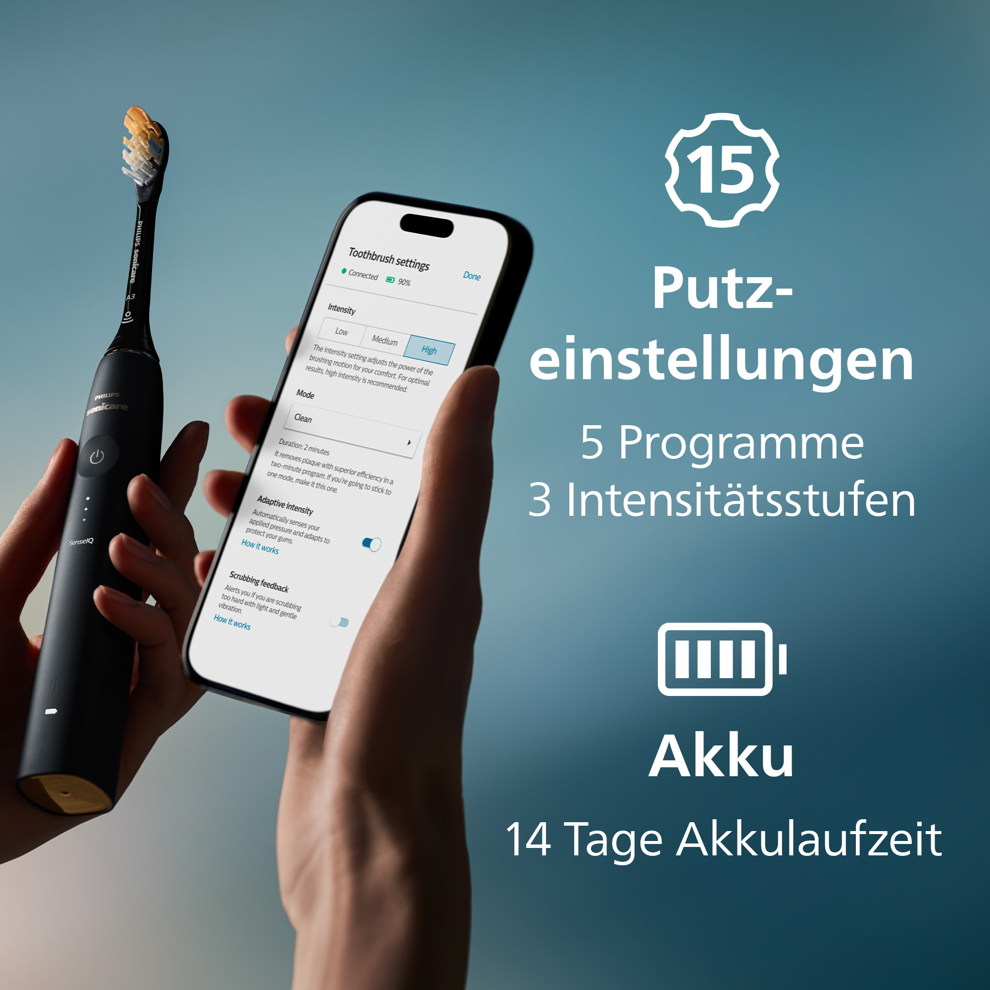 Eine schwarze Philips Sonicare Zahnbürste neben einem Smartphone mit Einstellungen. Text rechts: 15 Einstellungen, 5 Programme, 3 Intensitätsstufen.