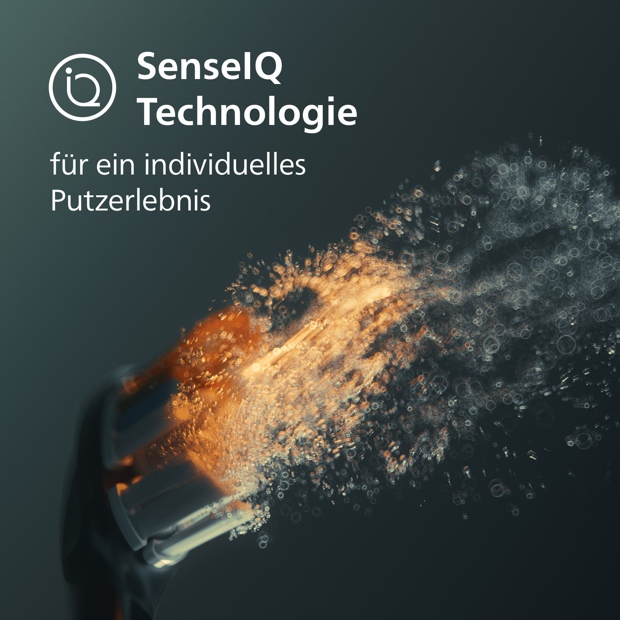 Das Bild zeigt eine Zahnbürste, die Wasser sprüht. Der Text lautet 'SenseIQ Technologie' und 'für ein individuelles Putzerlebnis'.