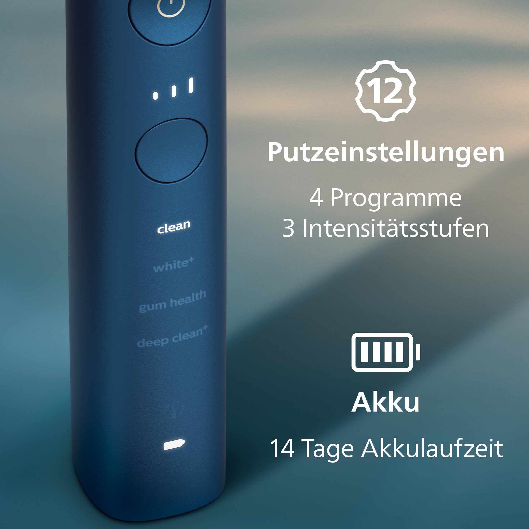 Spazzolino elettrico blu con pulsanti e testo. Include impostazioni di pulizia, programmi e durata della batteria.