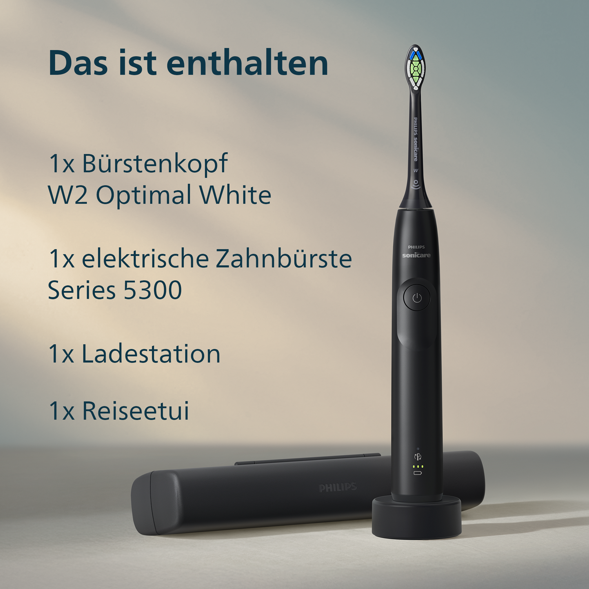 L'immagine mostra uno spazzolino elettrico, caricatore, custodia da viaggio e testina. Lo spazzolino è nero, con logo Philips Sonicare.