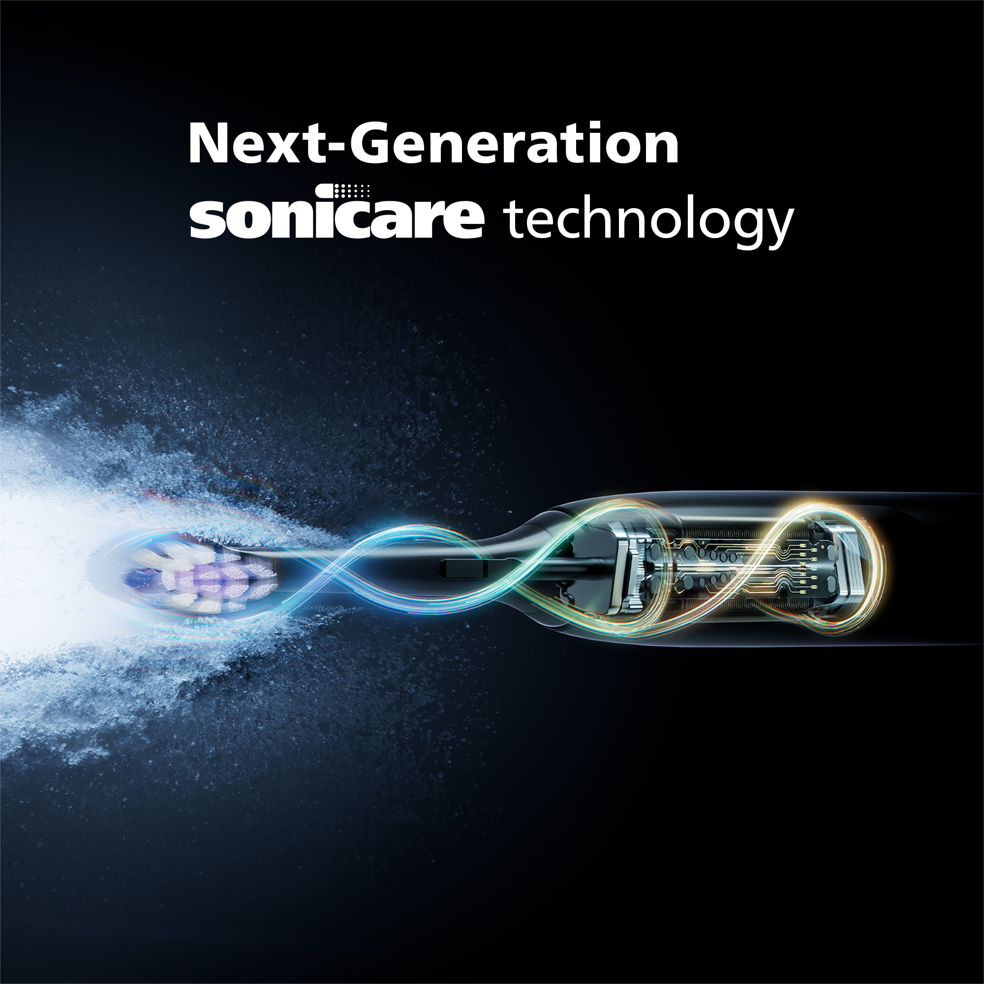 Spazzolino elettrico con tecnologia sonica, spruzzo d'acqua e linee luminose. Il testo recita 'Next-Generation sonicare technology'.