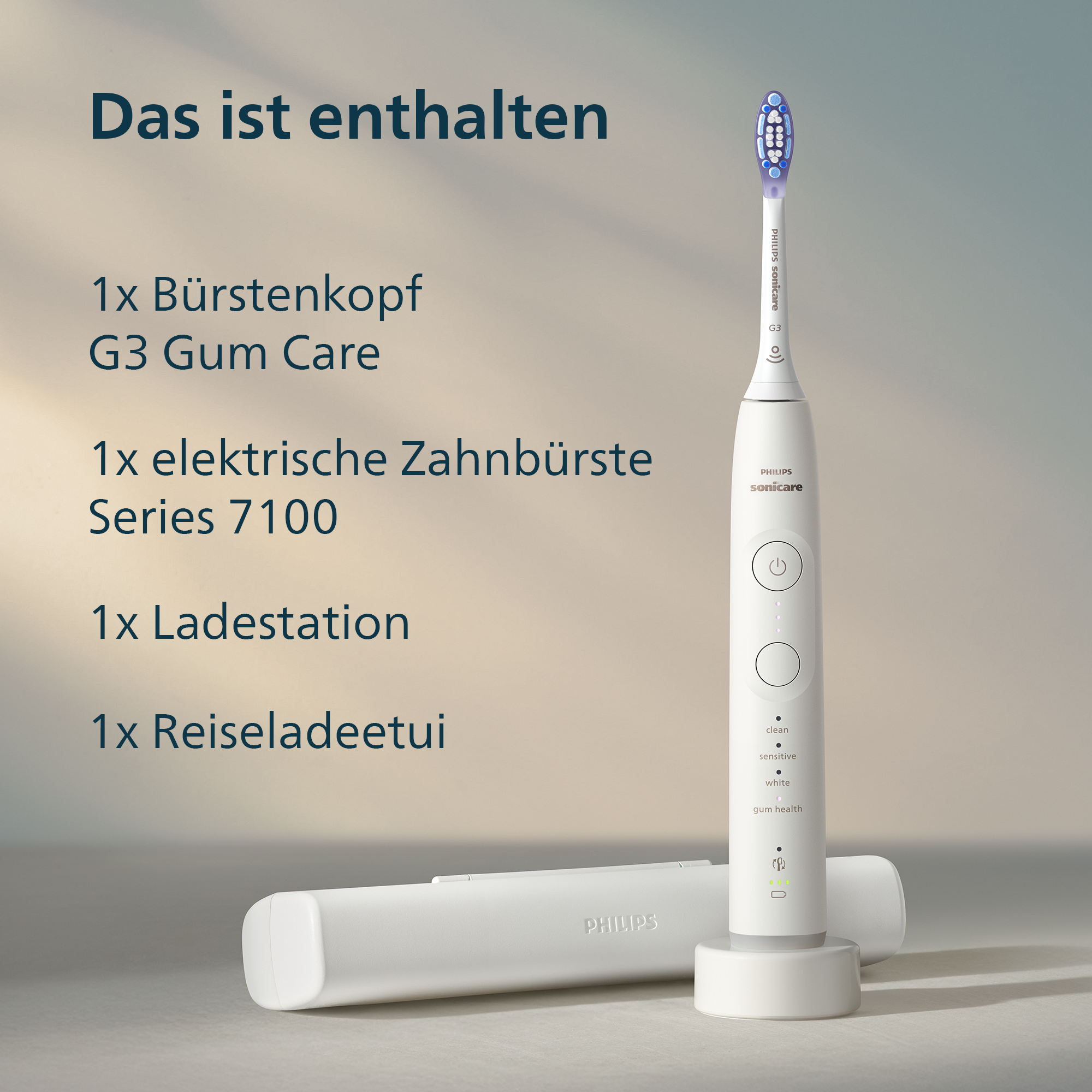 Image d'une brosse à dents électrique, chargeur et étui de voyage. Texte incluant les composants.